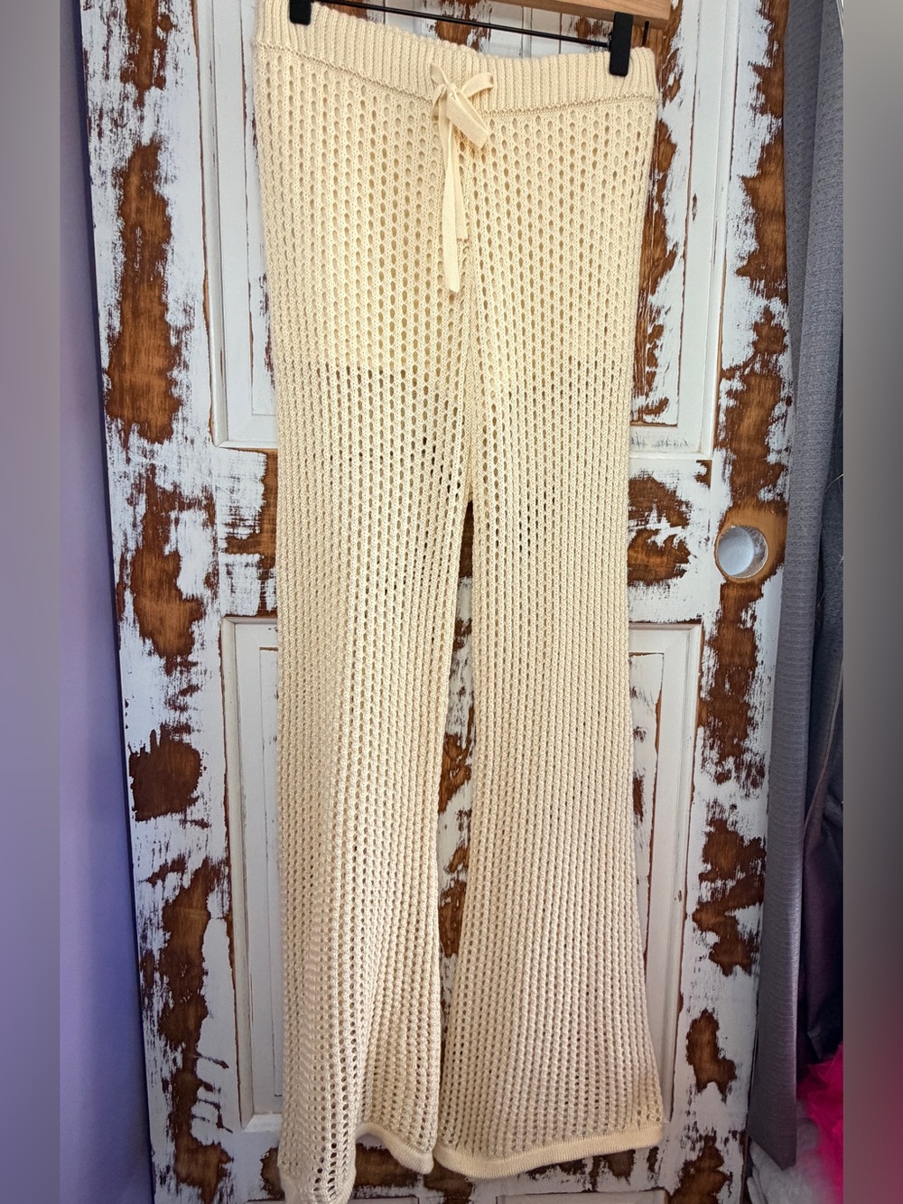 Earthbound Trading Co Open Knit Wide Leg Pants Size S Cream Boho Resort